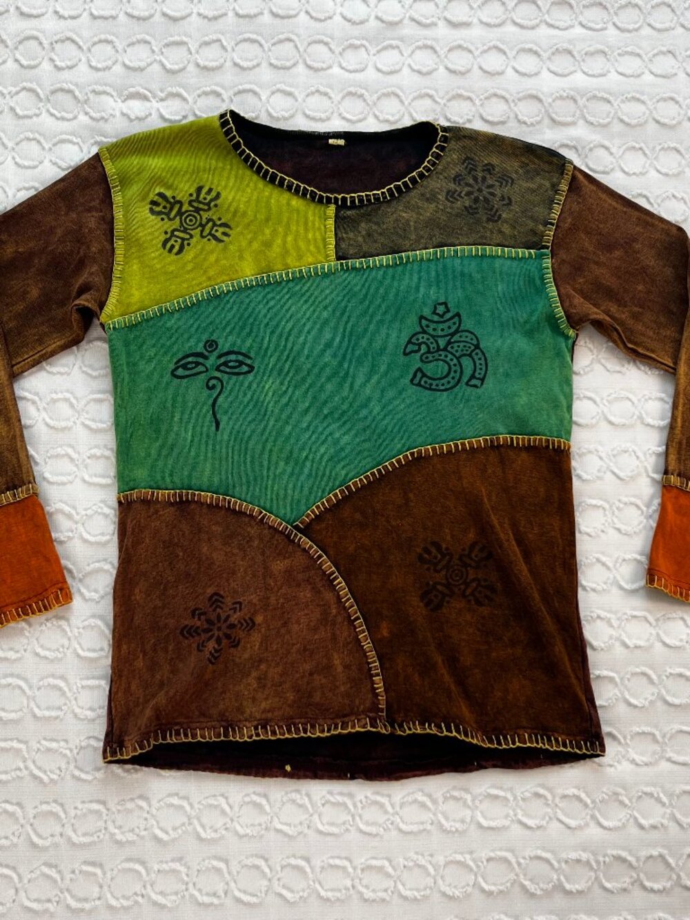 Patchwork Long Sleeve Shirt Size XL Boho Earth Tones Cotton Symbolic